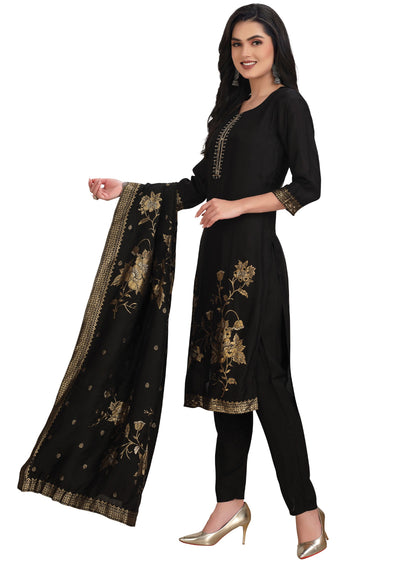 Black Banaras Dola Silk Straight Cut Suit