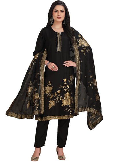 Black Banaras Dola Silk Straight Cut Suit