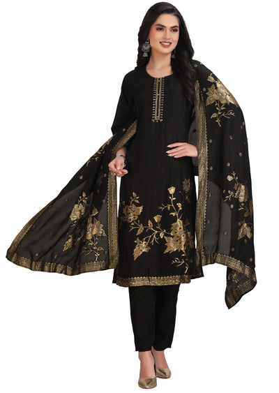 Black Banaras Dola Silk Straight Cut Suit