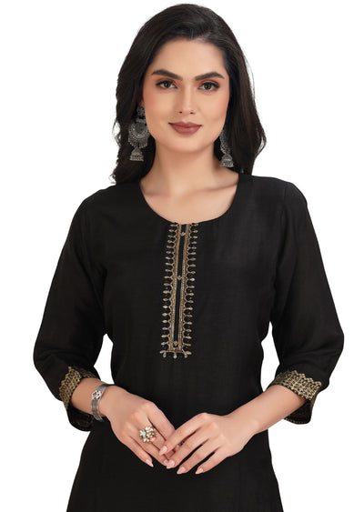 Black Banaras Dola Silk Straight Cut Suit