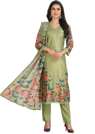 Green Tissue Silk Straight Cut Suit