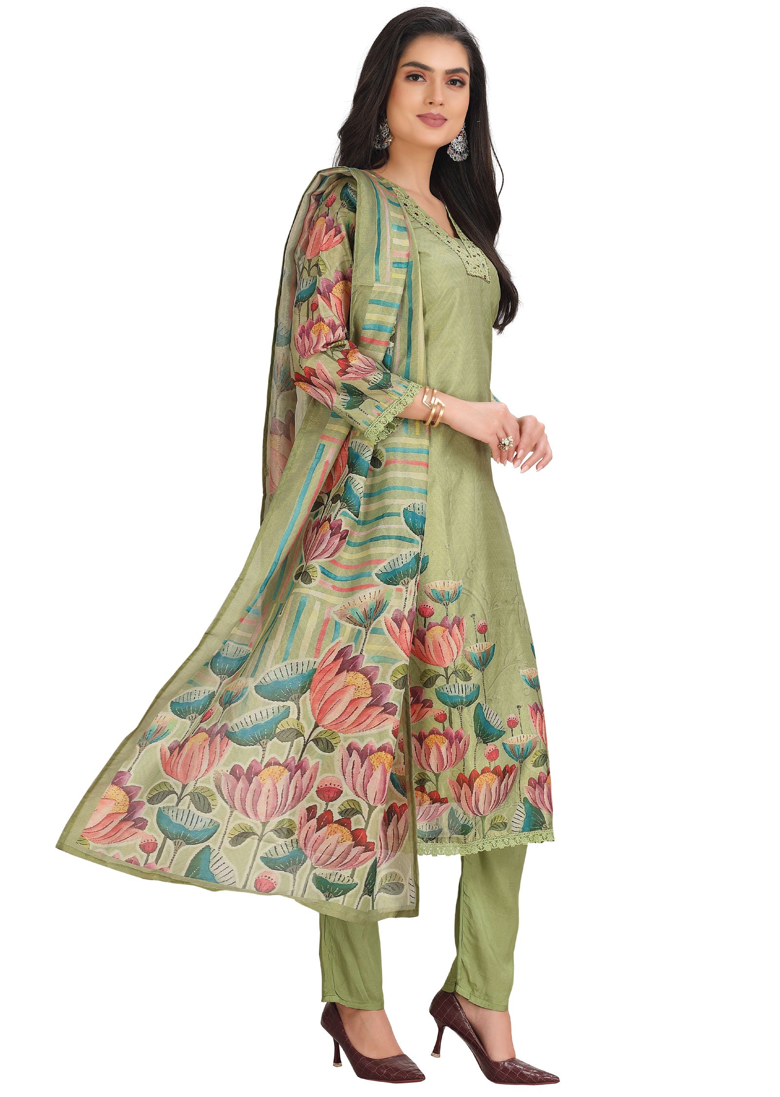 Green Tissue Silk Straight Cut Suit