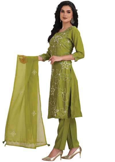 Mehendi Green Dola Silk Straight Cut Suit