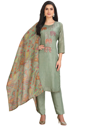 Dusty Green Tissue Soft Silk Straight Cut Suit