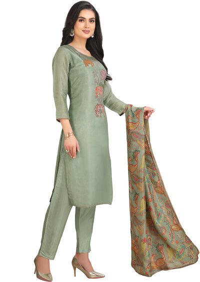 Dusty Green Tissue Soft Silk Straight Cut Suit