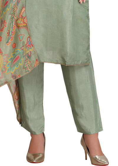 Dusty Green Tissue Soft Silk Straight Cut Suit