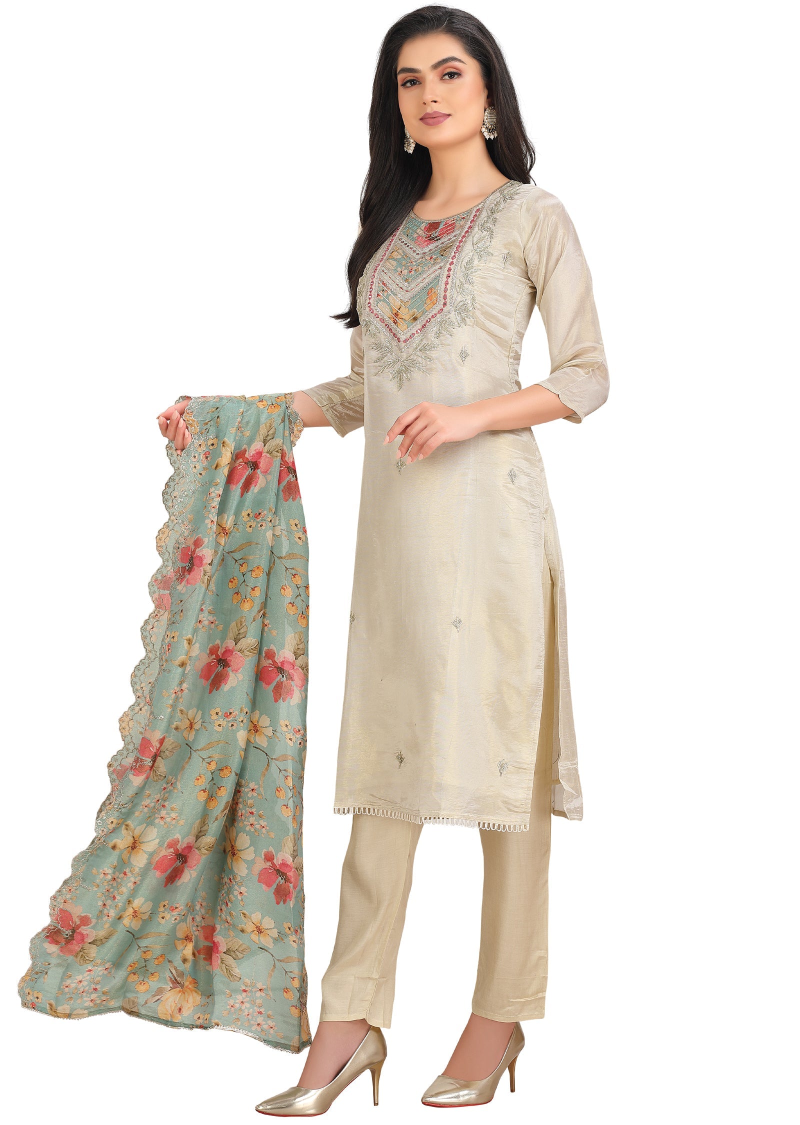 Cream Tissue Silk Straight Cut Suit