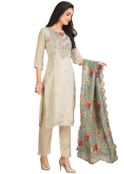 Cream Tissue Silk Straight Cut Suit