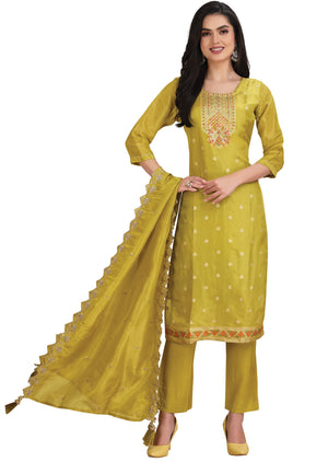 Lime Green Banaras Tissue Straight Cut Suit