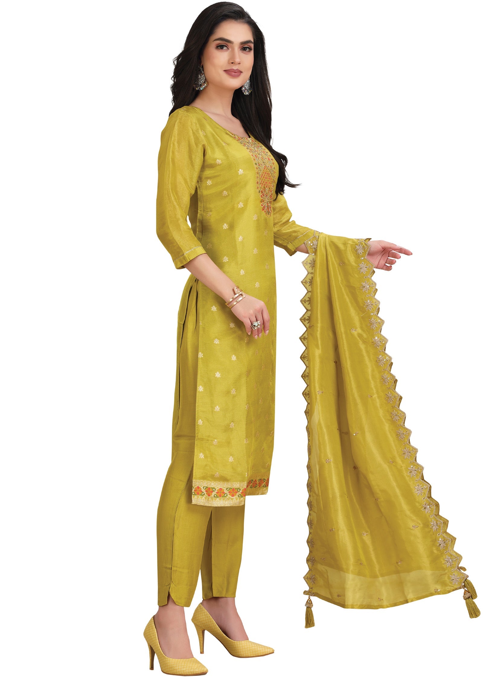 Lime Green Banaras Tissue Straight Cut Suit