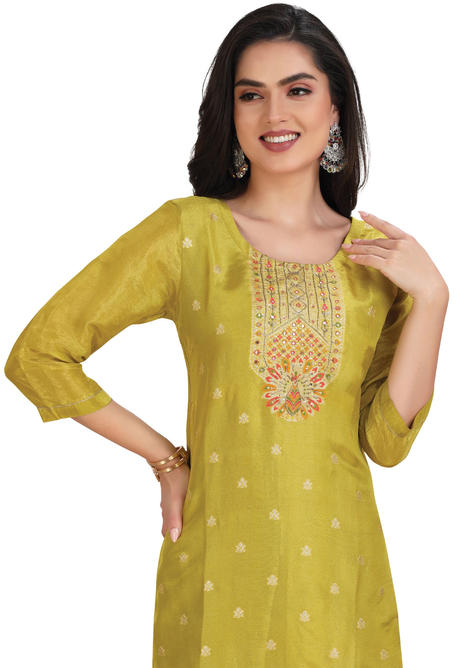 Lime Green Banaras Tissue Straight Cut Suit