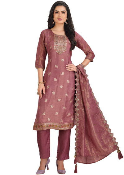 Dark Pink Banaras Tissue Straight Cut Suit