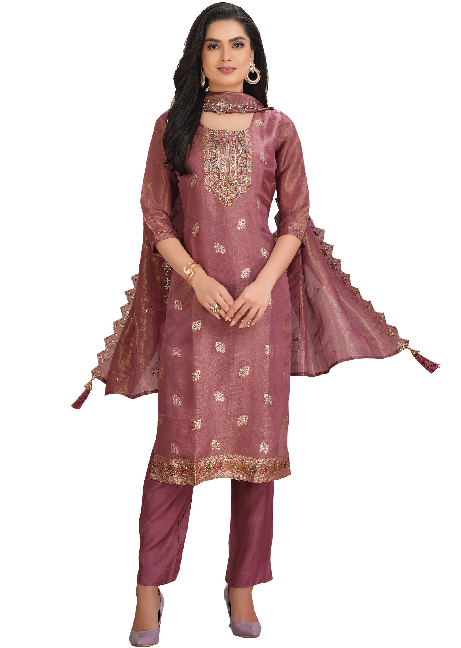 Dark Pink Banaras Tissue Straight Cut Suit