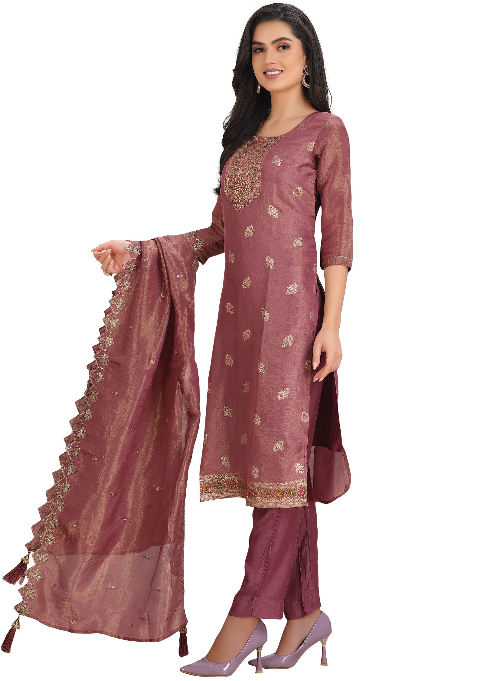 Dark Pink Banaras Tissue Straight Cut Suit