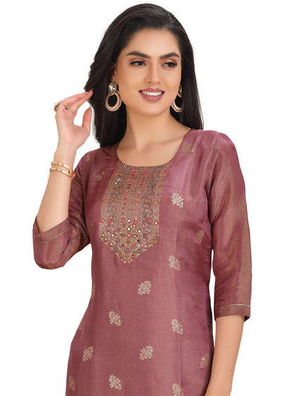 Dark Pink Banaras Tissue Straight Cut Suit