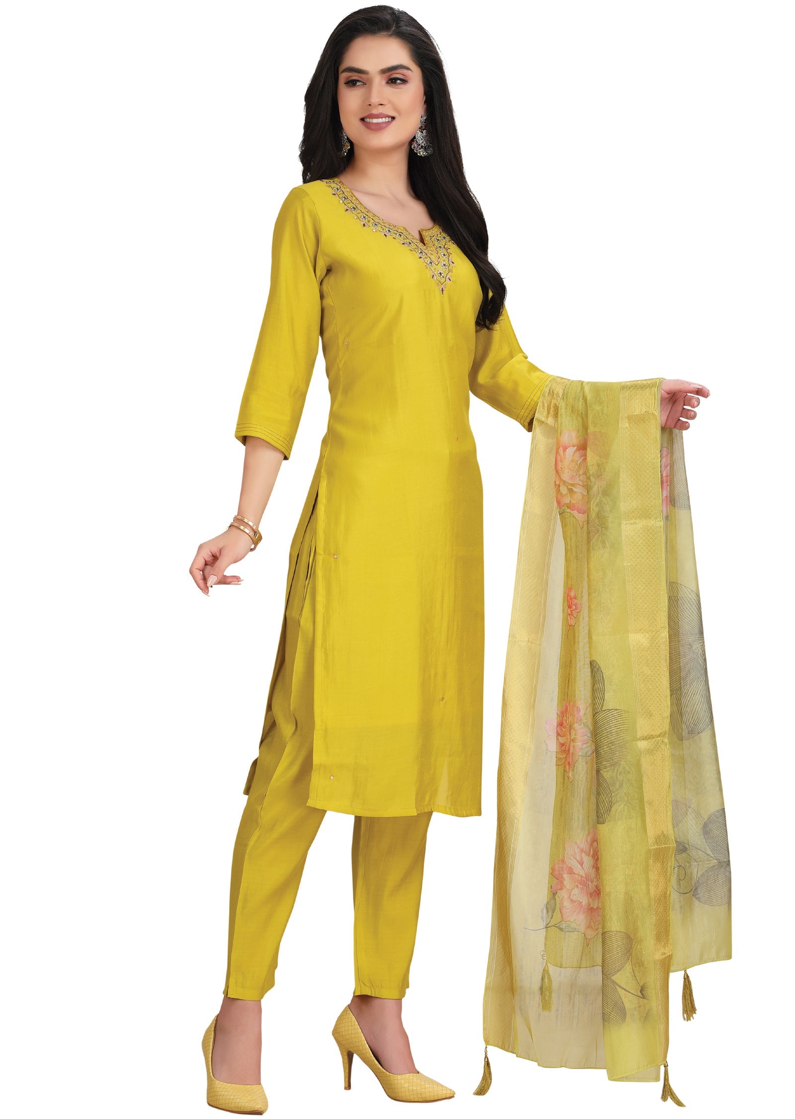 Yellow Soft Silk Straight Cut Suit