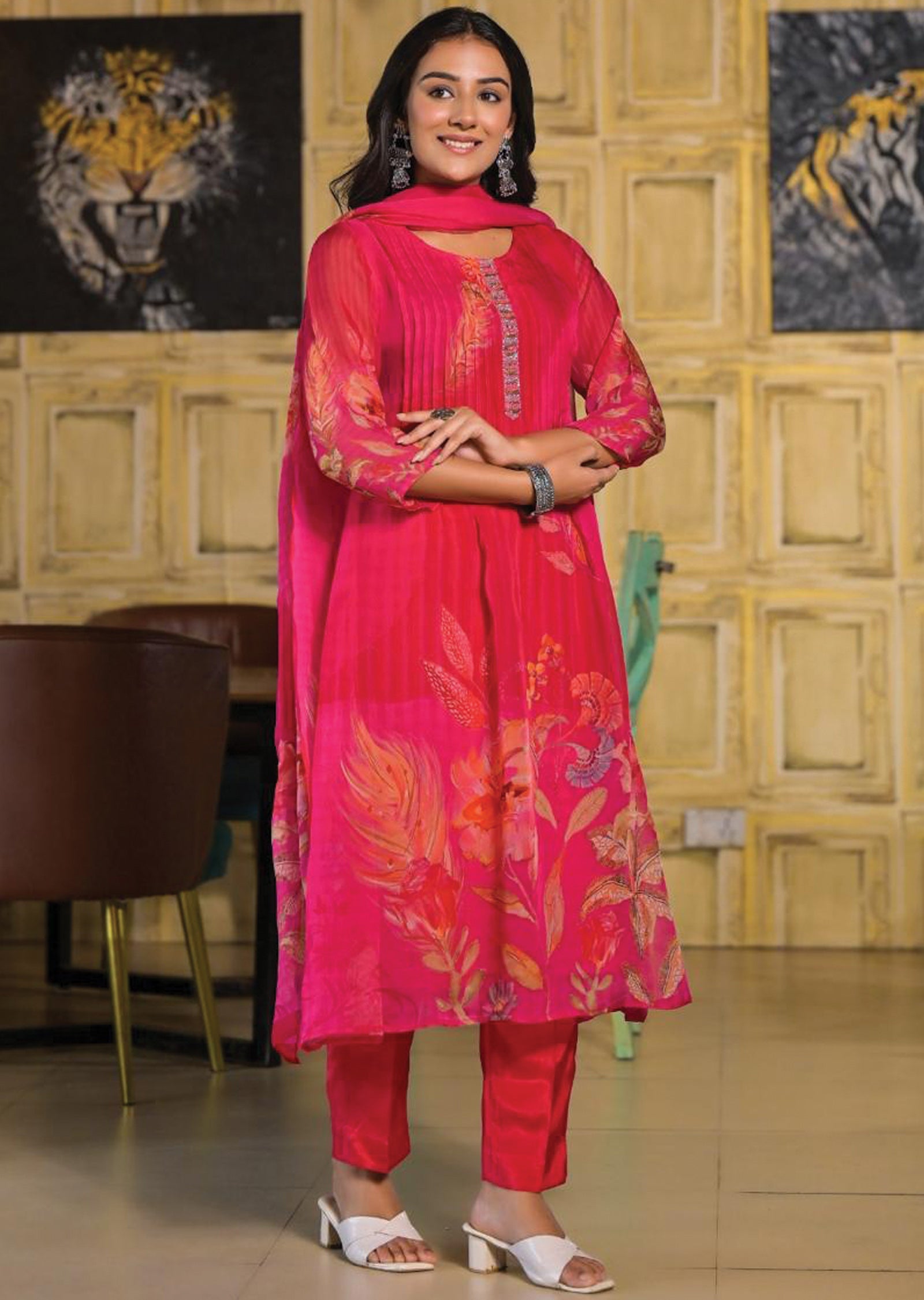 Rani Pink Organza Straight Cut Suit