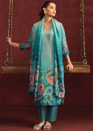 Dusty Green & Rama Blue Tissue Silk Straight Cut Suit