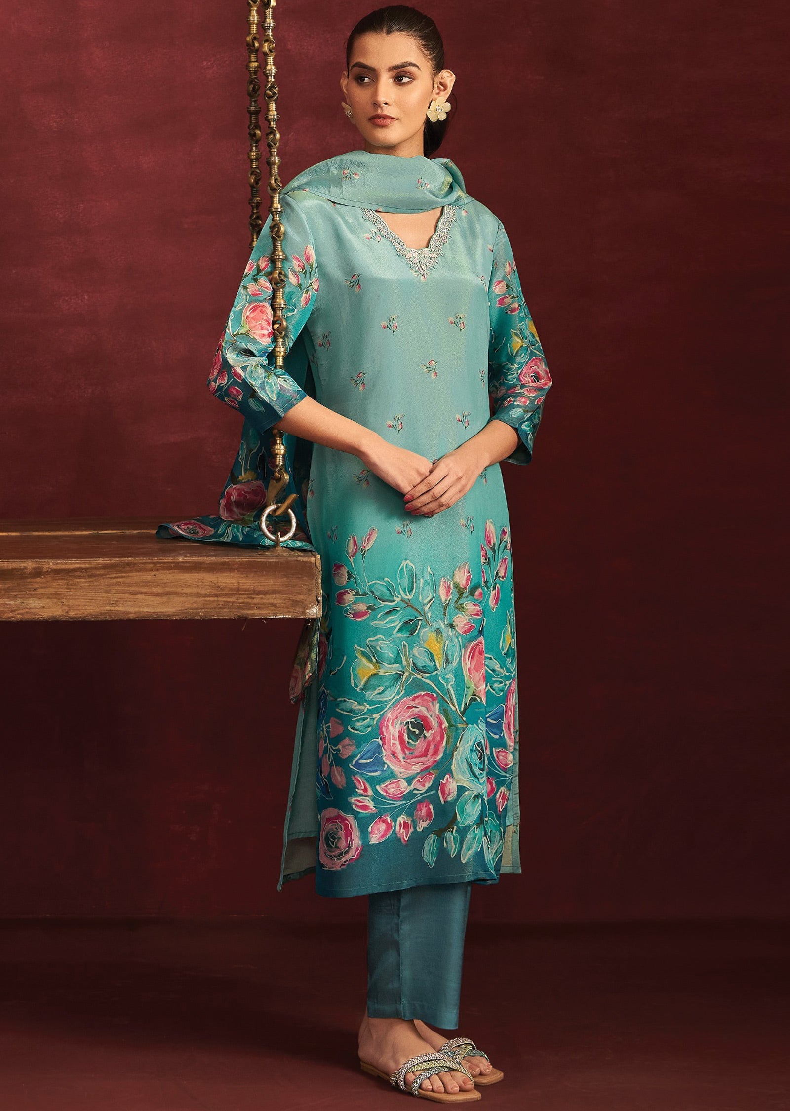 Dusty Green & Rama Blue Tissue Silk Straight Cut Suit