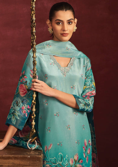 Dusty Green & Rama Blue Tissue Silk Straight Cut Suit