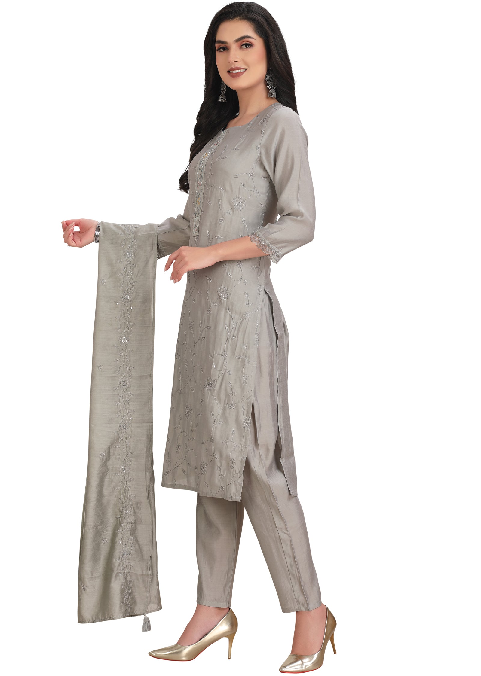 Light Grey Chanderi Straight Cut Suit