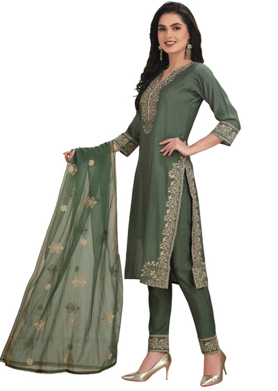 Earthy Green Soft Silk Straight Cut Suit