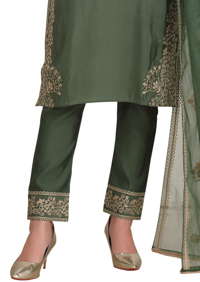 Earthy Green Soft Silk Straight Cut Suit