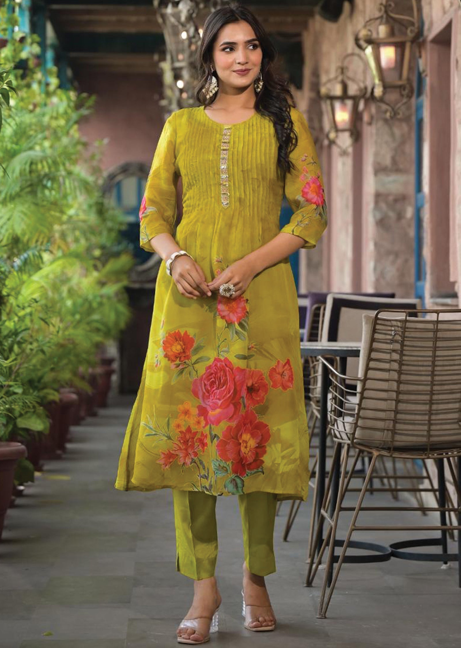 Mehendi Green Organza Straight Cut Suit