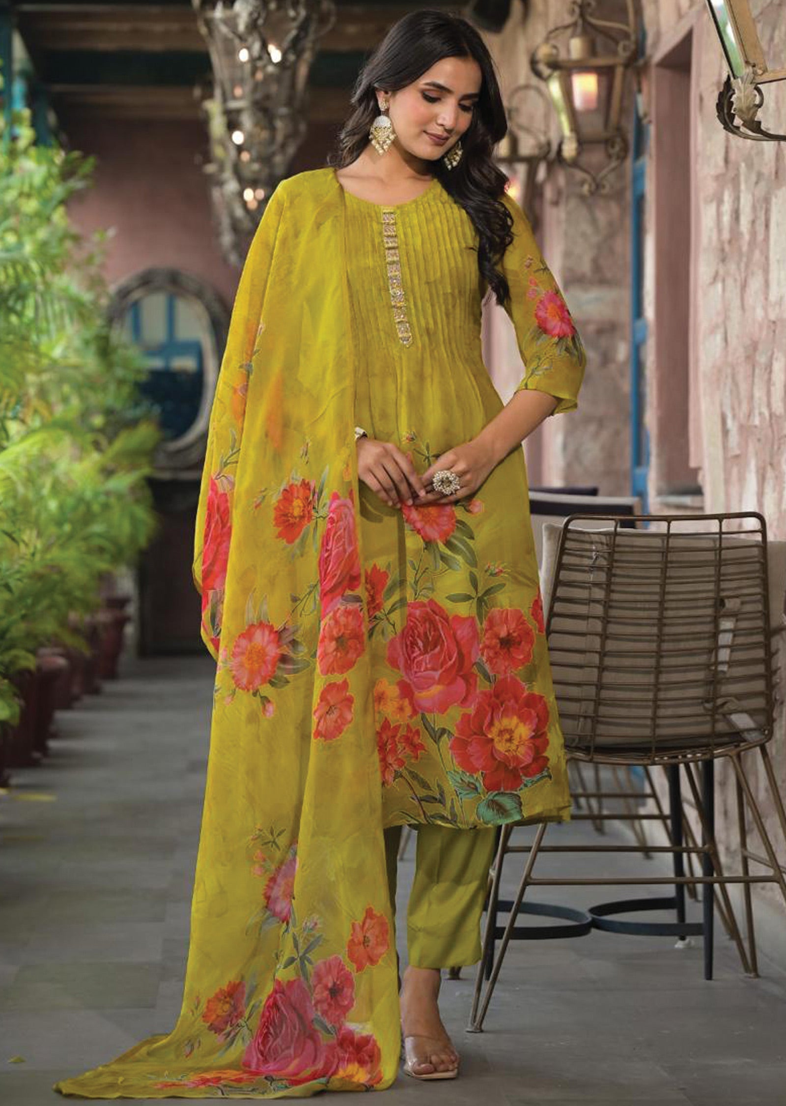 Mehendi Green Organza Straight Cut Suit