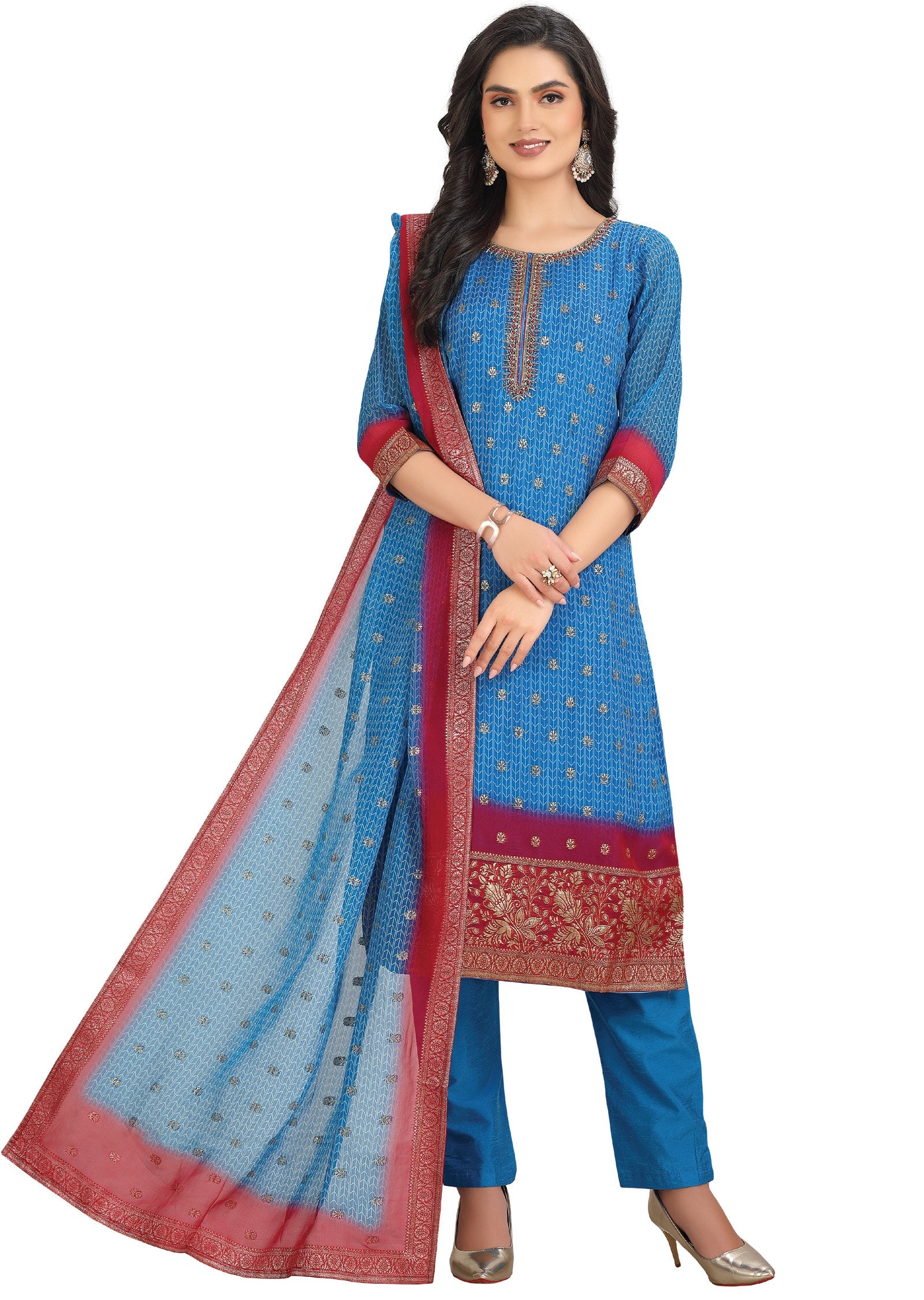 Blue Organza Banaras Straight Cut Suit