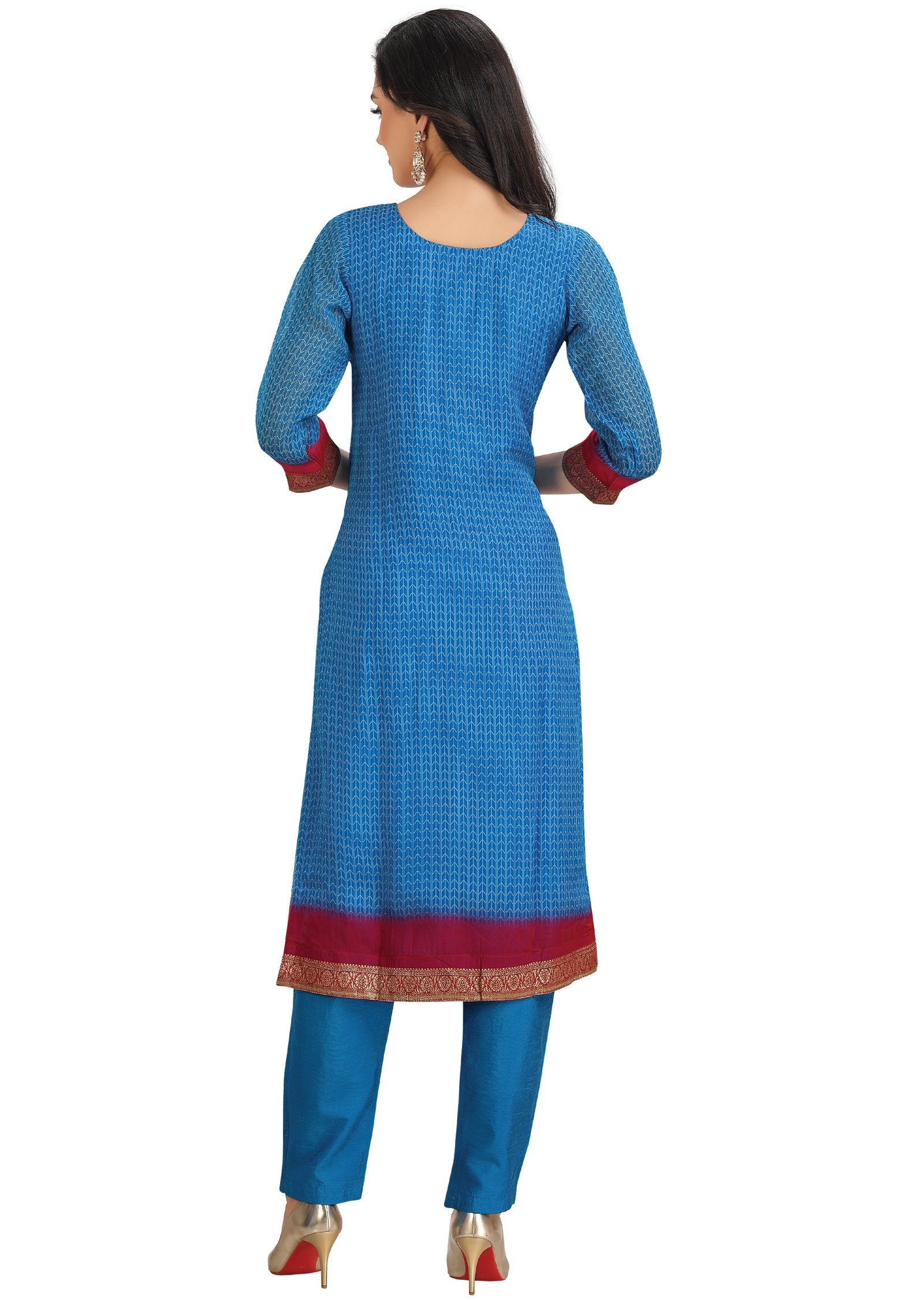 Blue Organza Banaras Straight Cut Suit