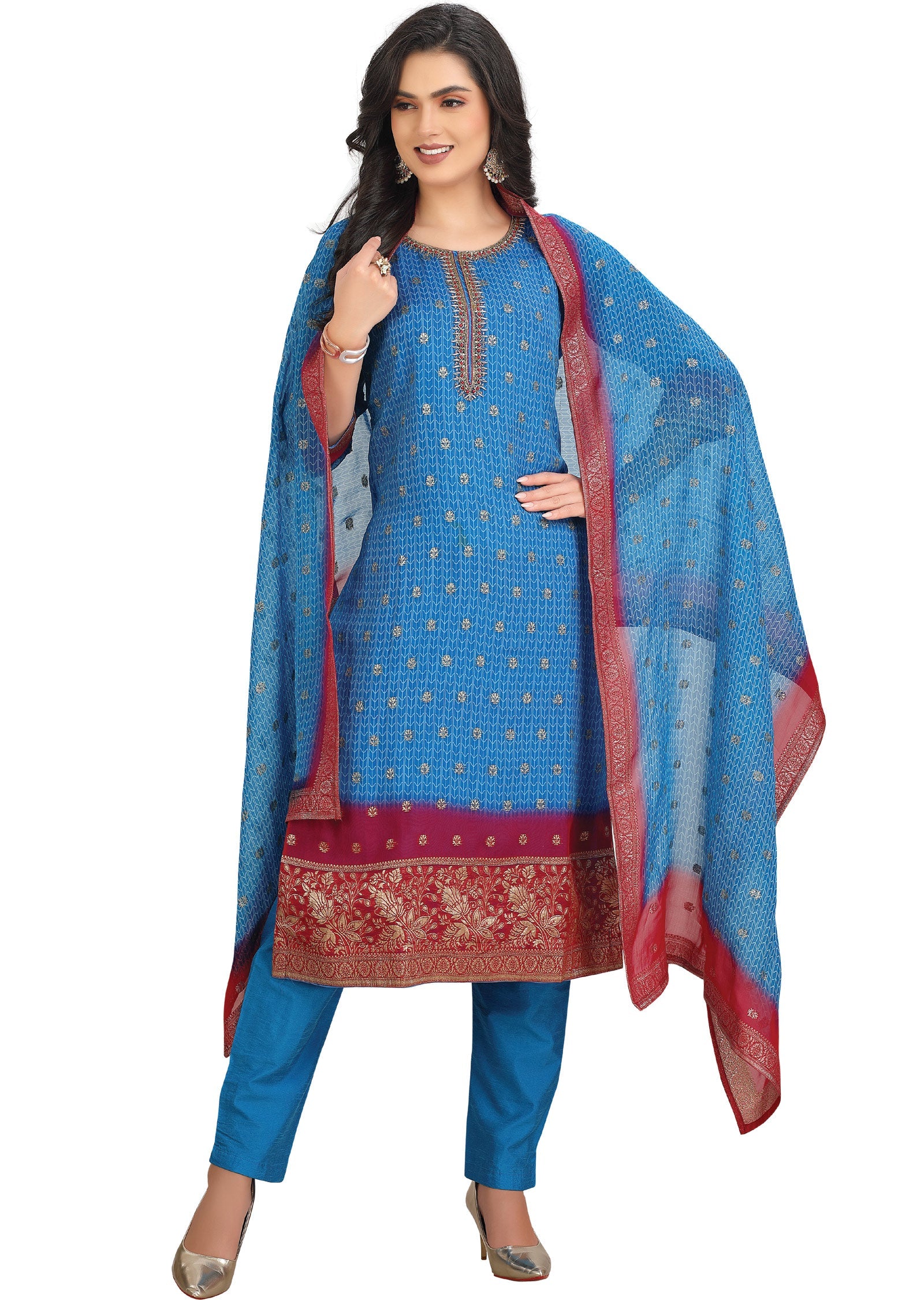 Blue Organza Banaras Straight Cut Suit