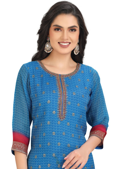 Blue Organza Banaras Straight Cut Suit