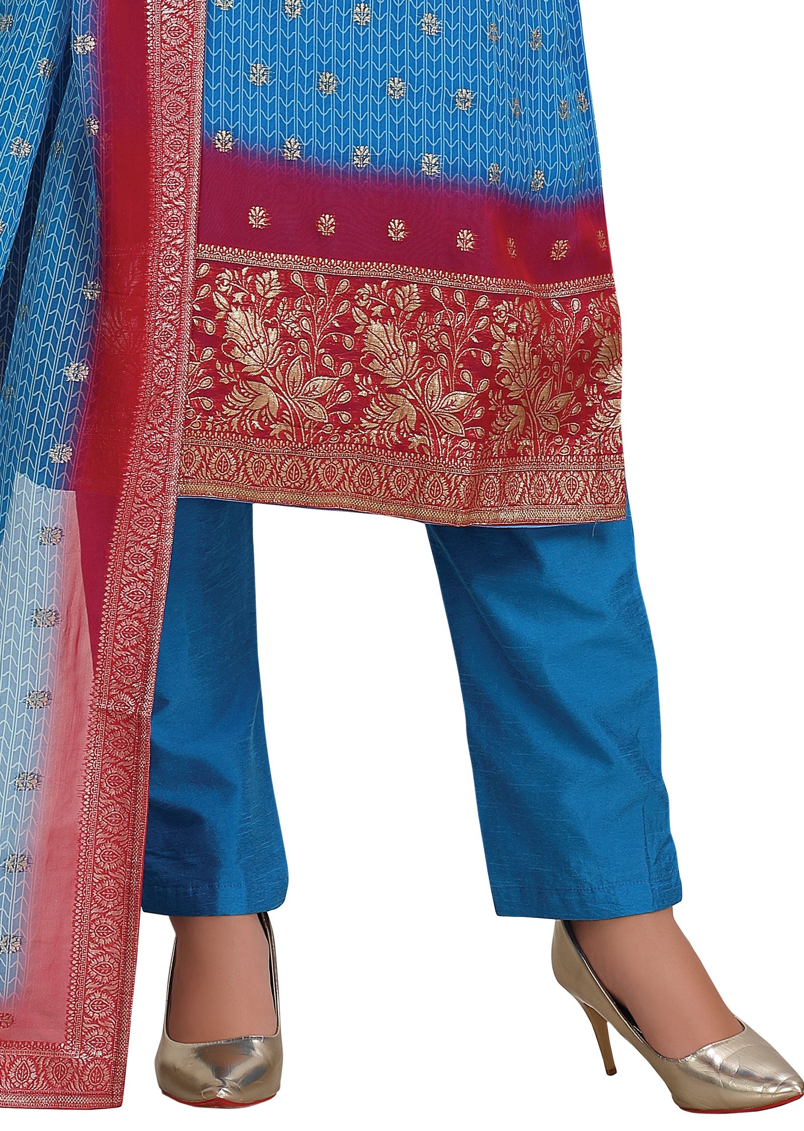 Blue Organza Banaras Straight Cut Suit