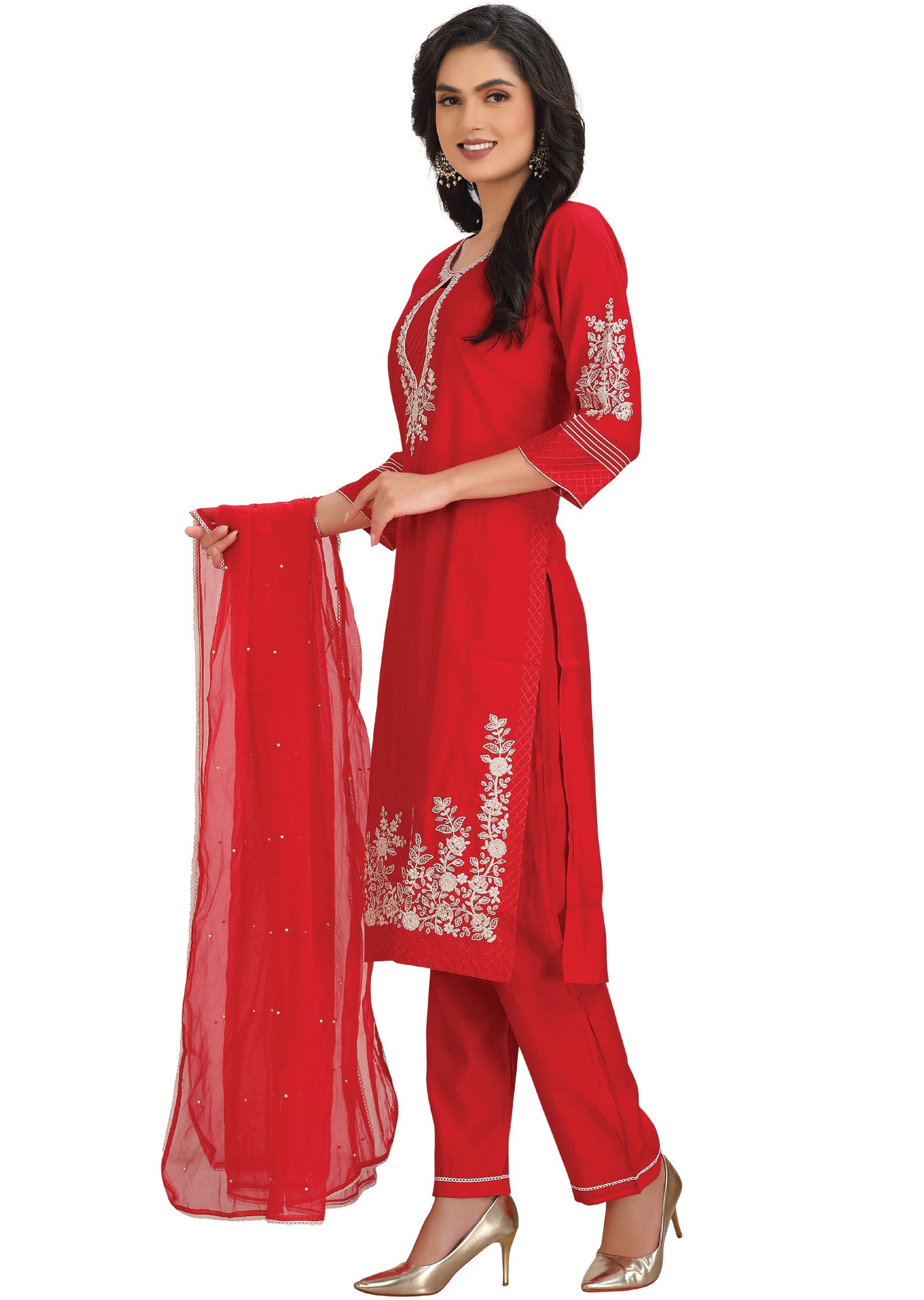 Red Soft Silk Straight Cut Suit