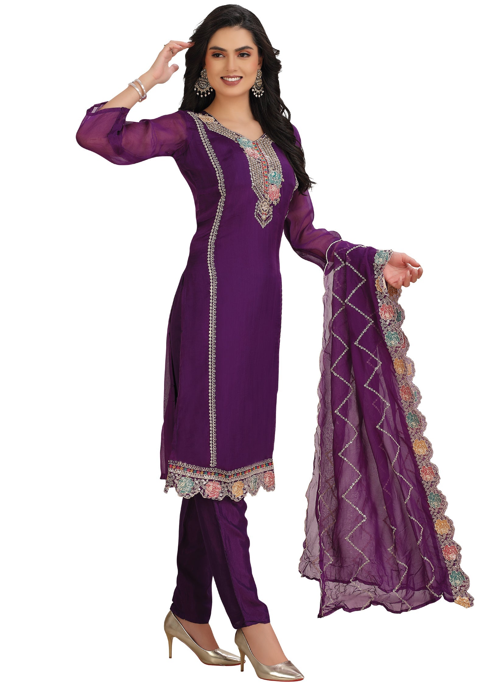 Purple Organza Straight Cut Suit