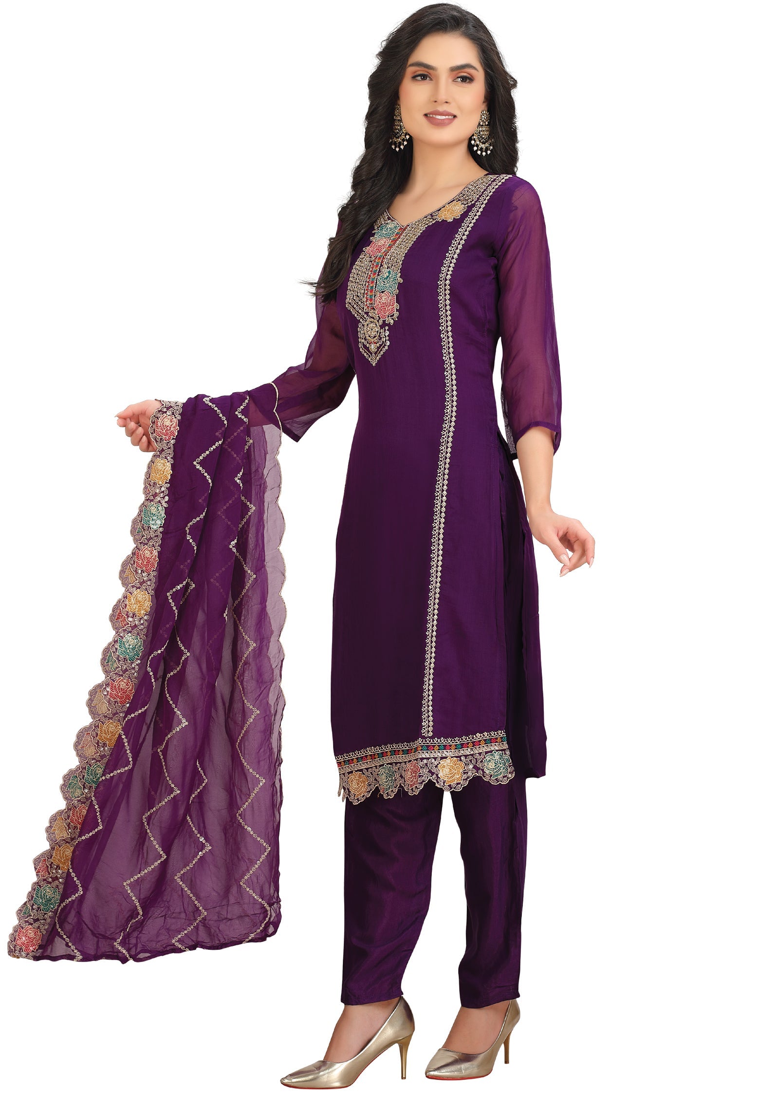 Purple Organza Straight Cut Suit