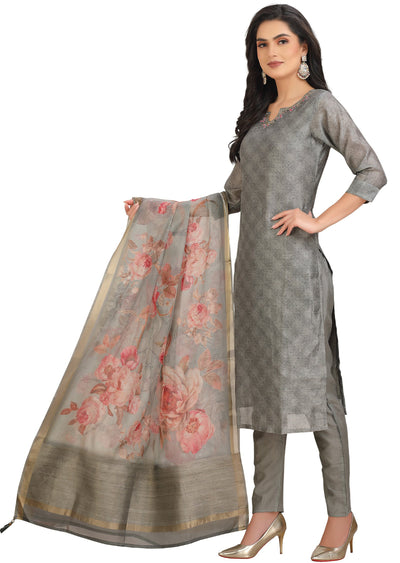 Grey Chanderi Straight Cut Suit