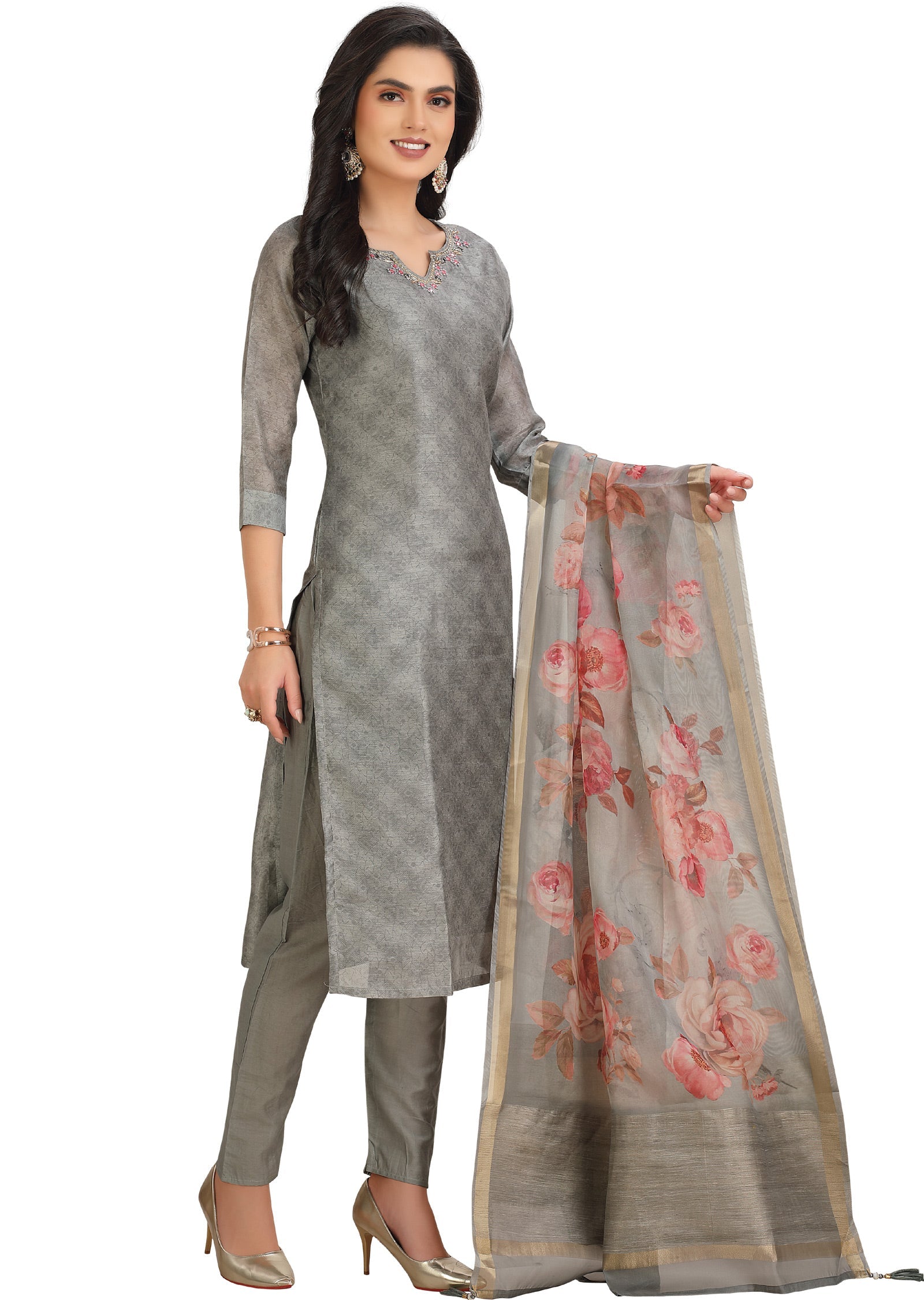 Grey Chanderi Straight Cut Suit