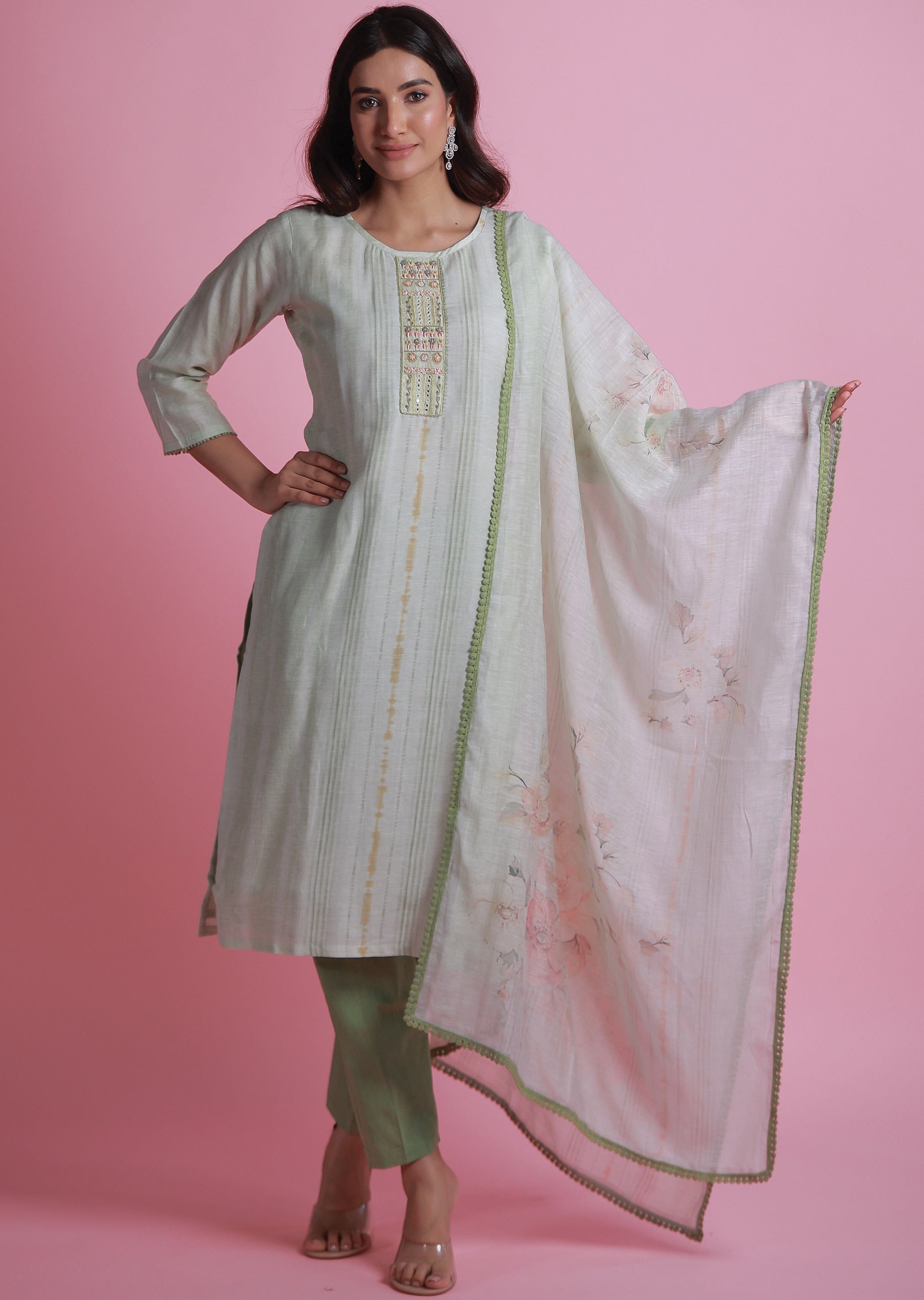 Pista Green Linen Silk Straight Cut Suits