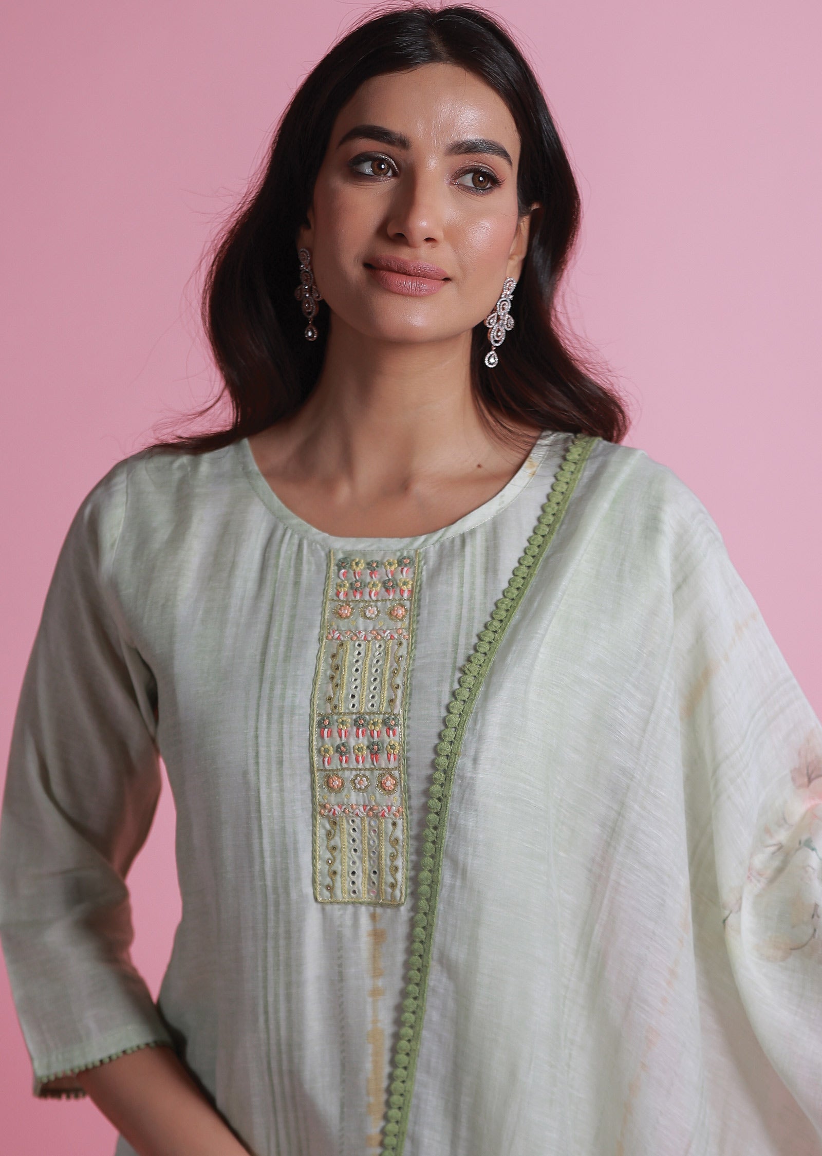 Pista Green Linen Silk Straight Cut Suits