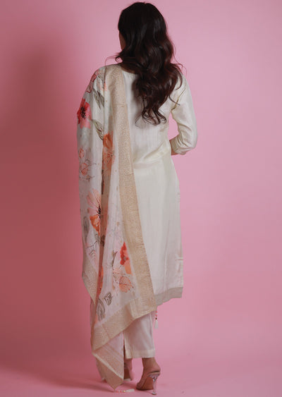 Cream Banaras Silk Straight Cut Suits