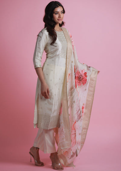 Cream Banaras Silk Straight Cut Suits