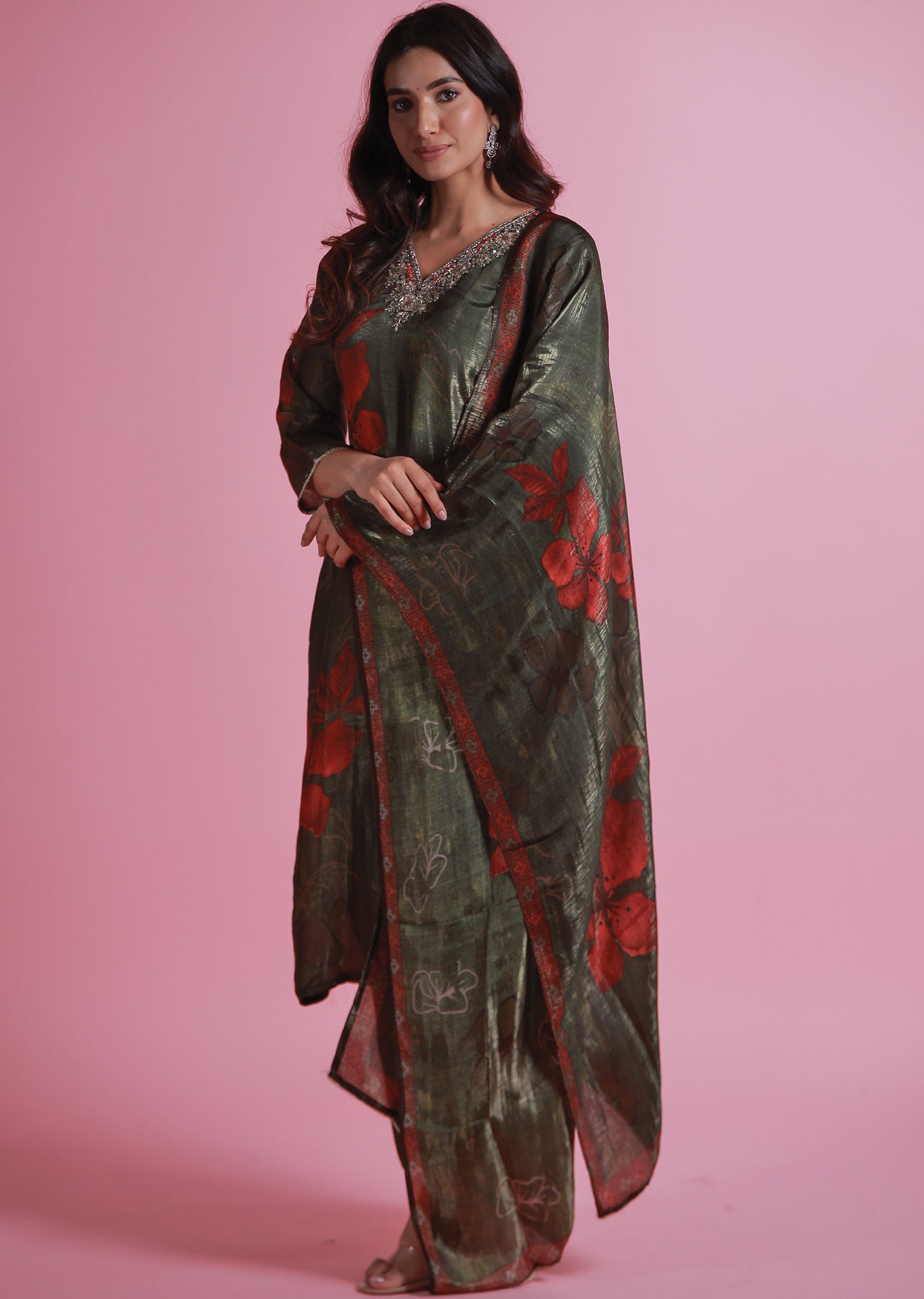 Olive Green Shimmer Soft Silk Straight Cut Suits