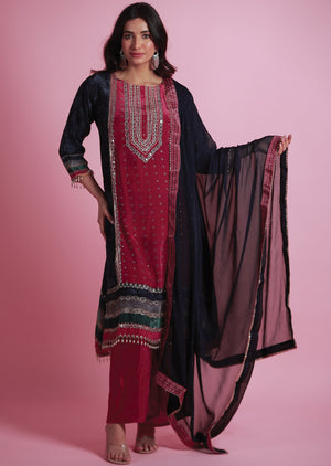 Black & Magenta Crepe Straight Cut Suits