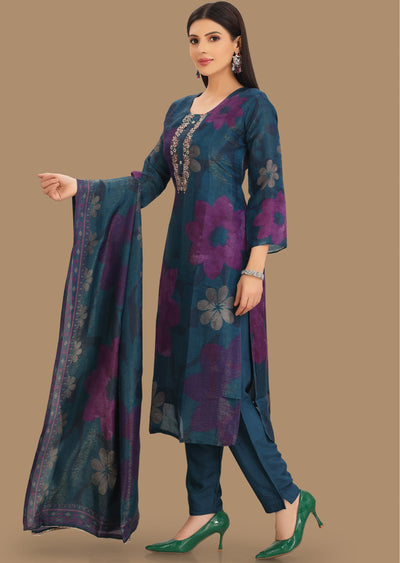 Rama Blue Tissue Silk Straight Cut Suit