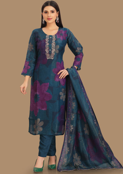 Rama Blue Tissue Silk Straight Cut Suit