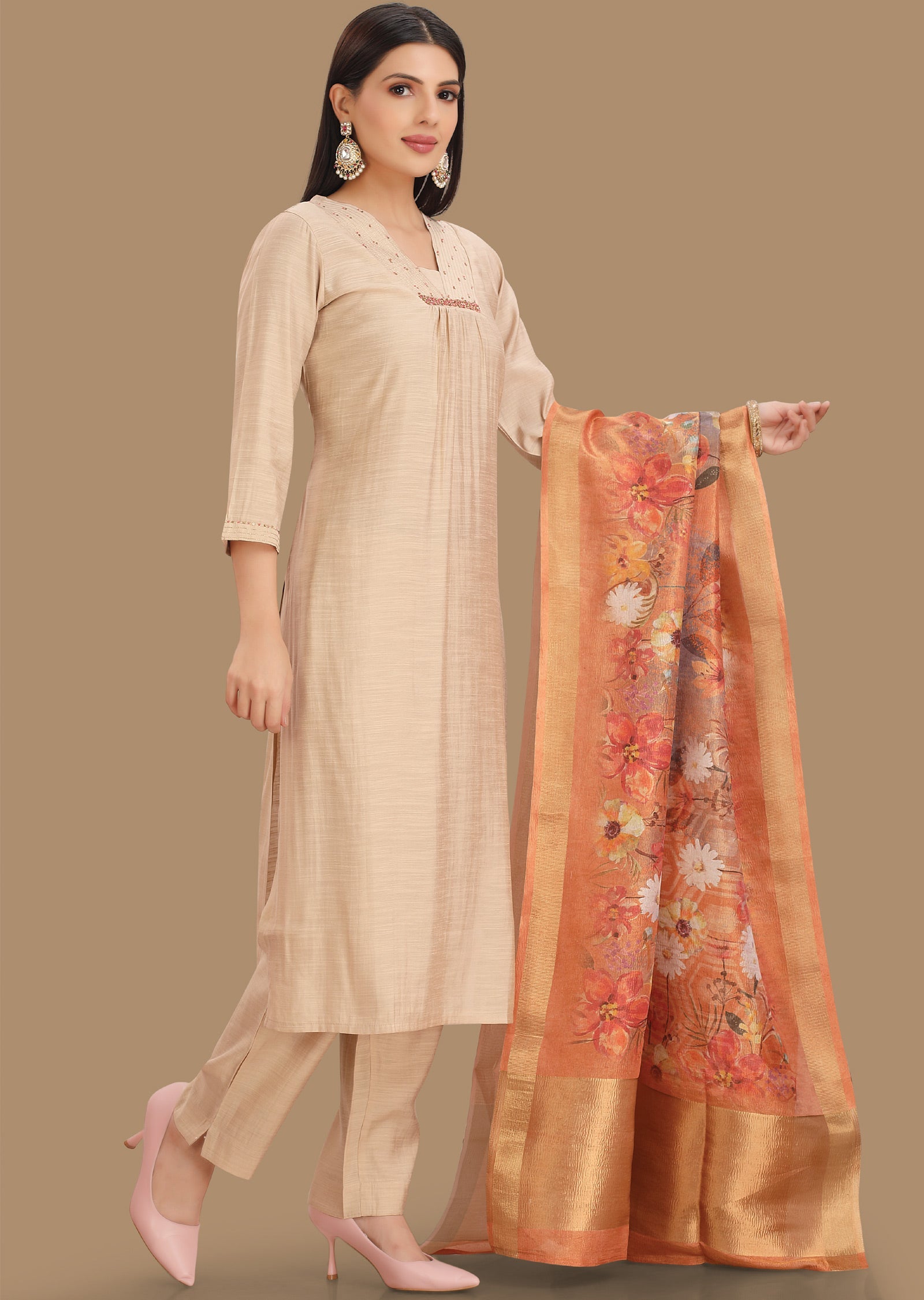 Beige Soft Silk Straight Cut Suits