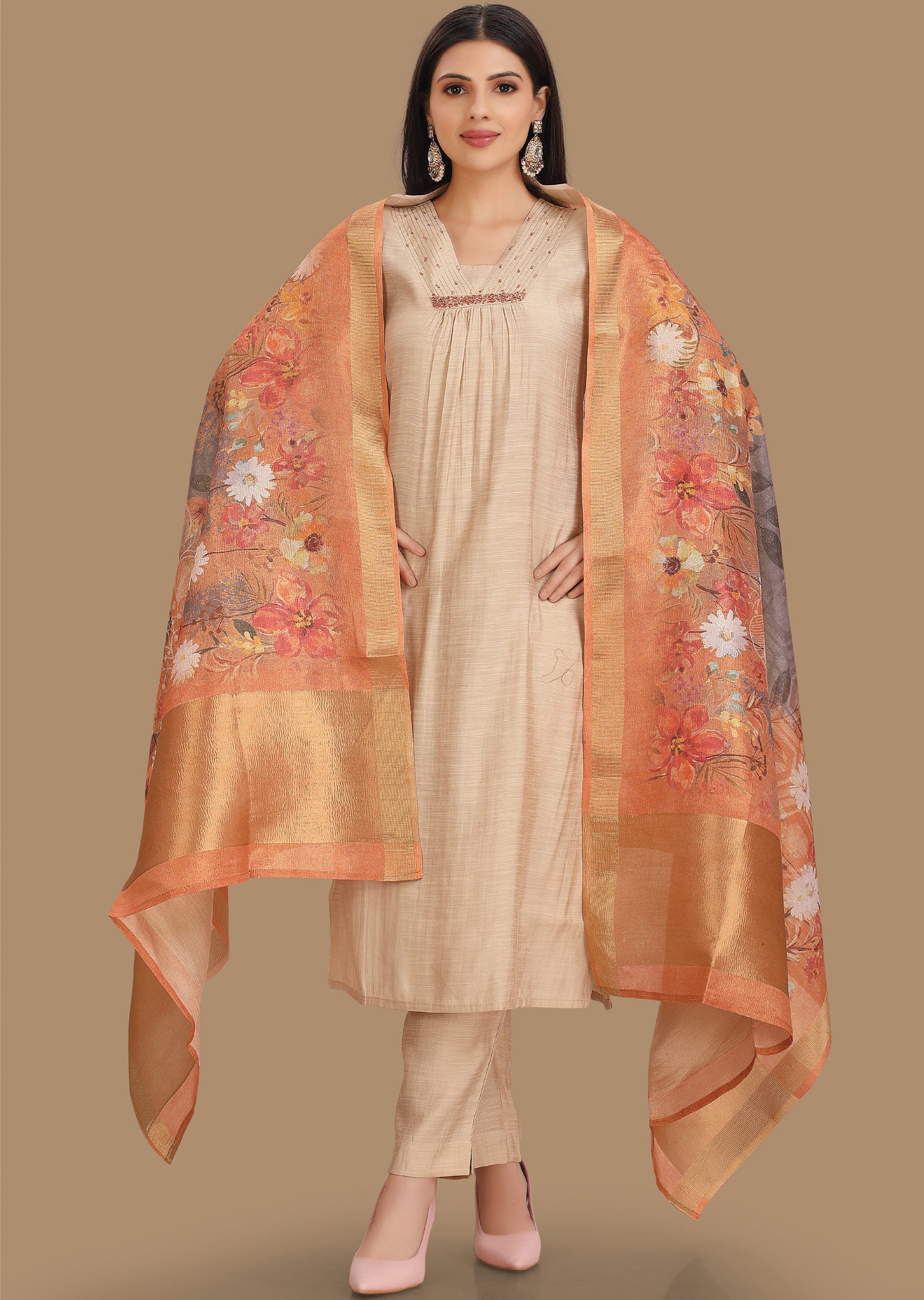 Beige Soft Silk Straight Cut Suit