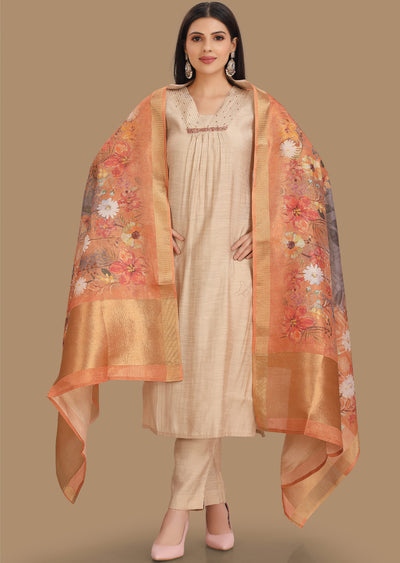 Beige Soft Silk Straight Cut Suit